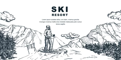 Foto op Canvas Ski resort banner. Skier on slope vector hand drawn sketch illustration. Winter background with mountains pine forest © Qualit Design