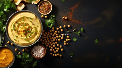  a bowl of hummus next to a bowl of chickpeas and chickpeas on a black surface.