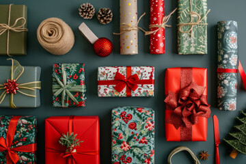 Top view of a varied selection of whimsical wrapping papers and decorative ribbons and boxes illustrating the process of choosing the perfect combinat
