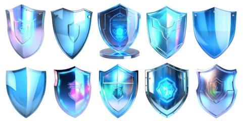 Set of blue shields, cut out. Protect and security concept
