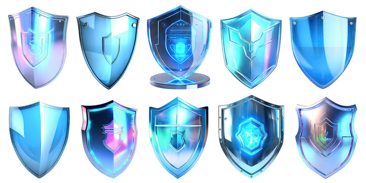 Set of blue shields, cut out. Protect and security concept