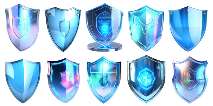Set of blue shields, cut out. Protect and security concept