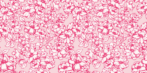 Seamless, artistic blooming texture flowers pattern. Vector drawn silhouettes of abstract stylized peonies, roses. Monotone pink floral background. Template for design, textile, fashion, fabric