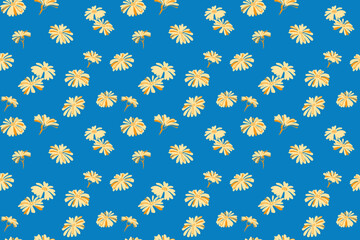 Bright creative simple yellow flowers seamless pattern on a blue background. Vector hand drawn doodle. Trendy summer floral printing. Template for design, ornament, fashion, textile, fabric