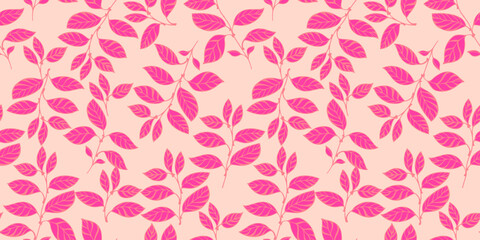Creative, abstract, modern, pink leaves branches intertwined in a seamless pattern. Vector hand drawn. Stylized simple floral stems on a light beige background. Template for design, textile, fashion