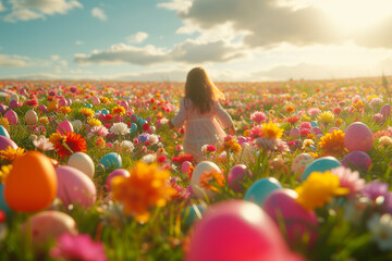 Children running through a green field full of flowers and Easter eggs on a sunny day. - obrazy, fototapety, plakaty