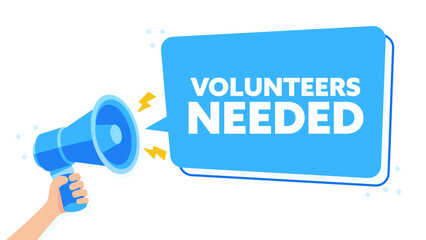 Engaging Blue Megaphone Illustration for VOLUNTEERS NEEDED with Hand Holding Announcement Sign