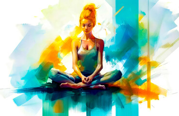 Painting of woman sitting in the middle of yoga pose with her eyes closed