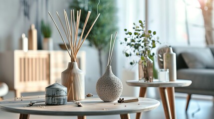 In the living room, a table with reed diffusers - obrazy, fototapety, plakaty