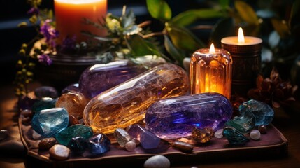 Spiritual mock - up Crystal healing with candles and sage