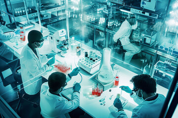 Scientific efforts towards finding a cure for Disease X, featuring lab equipment and researchers in a modern laboratory setting - obrazy, fototapety, plakaty