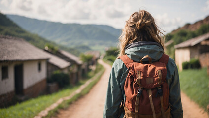 back view of a female backpacker with a village road in the background