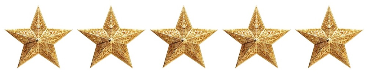 Five golden stars for product rating reviews for websites and mobile applications, cut out - obrazy, fototapety, plakaty