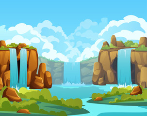Waterfall in valley vector illustration, cartoon summer scenery with river water falling down from mountain, wild canyon © sabelskaya
