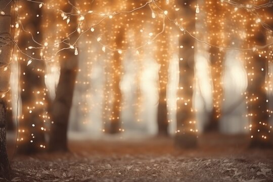  a blurry photo of a forest with a lot of lights hanging from the trees and leaves on the ground.