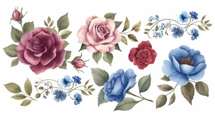 Watercolor Burgundy roses, twigs, leaves. For composition of roses, floral frame with roses on a white background