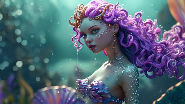 Cartoon digital avatars of Undersea Merfolk Female, with purple scales, curly hair, and a seashell bra