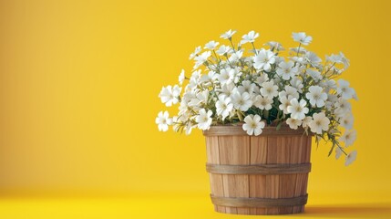 Flowers in wooden basket on yellow spring background