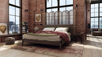 Loft bedroom interior, with the bed in the center and the living room in the background. Industrial design with large loft windows and raw bricks combined with wooden parquet floor. 3D illustration. - obrazy, fototapety, plakaty