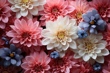  a bunch of pink, blue, and white flowers with a yellow center in the middle of the flower petals.
