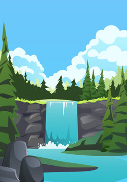 Waterfall in coniferous forest vector illustration, cartoon summer landscape with river water falling down from mountain