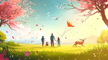 Foto op Plexiglas Broad view of a springtime banner. Picnic in the countryside or family trip to the park with a kite, blossoming flowers, and deer. Springtime people concept. © Suleyman