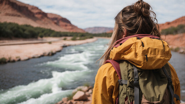 back view of a female backpacker with a river in the background