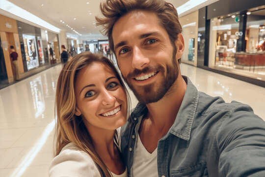 One modern trendy couple taking selfie picture inside luxury mall commercial center with stores and people in background. Adult man and woman in shopping indoor leisure activity take photo with phone