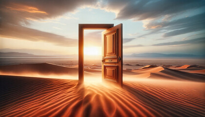 An open door stands in the middle of a vast desert, offering a view of a stunning sunrise over sand dunes Landscape. Unknown and start up concept. This is a 3d illustration. AI Generative