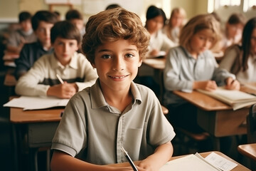 Portrait of young boy student at school sitting at the desk working on paper and friends in background. Classroom indoor activity people children. Back to school concept day. Knowledge