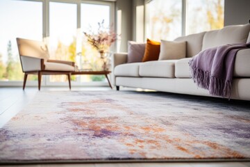  a living room with a couch, chair, rug and a large window with a view of the outside of the room.