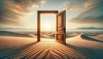 An open door stands in the middle of a vast desert, offering a view of a stunning sunrise over sand dunes Landscape. Unknown and start up concept. This is a 3d illustration. AI Generative