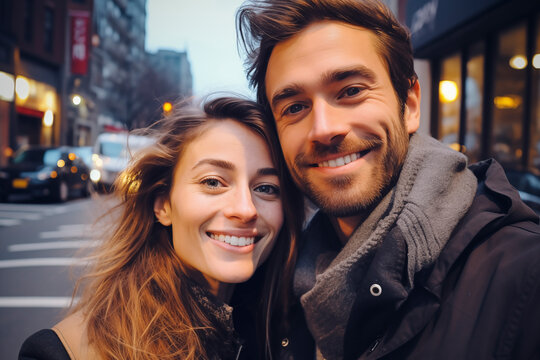 Portrait of young couple in the city street. Millennial man and woman taking selfie picture outdoor with houses and cars in background. Happy expression portrait people. Friendship and relationship