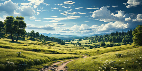 Fototapeta premium Sunlit Summer Park: Beautiful Wide Landscape of Fresh Grassy Glade Bathed in Warm Sunshine
