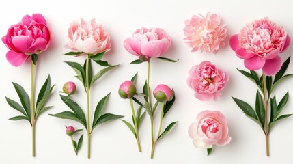 Set of beautiful peony flowers on white background