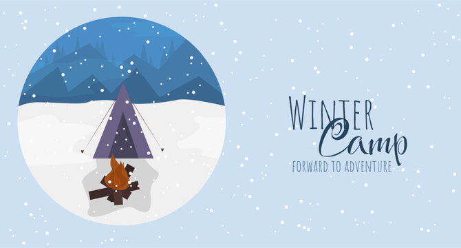 Template of banner with camping in winter. Illustration of tent with fire in mountains. Seasonal flyer for travel agency