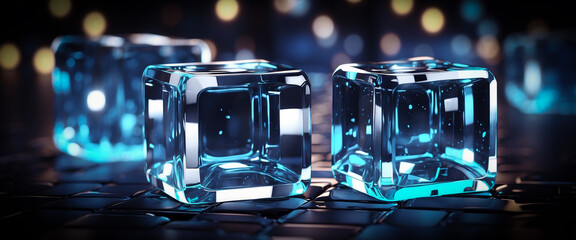 Blue glowing Cubes on the ground. 3d render, Shining, Neon - obrazy, fototapety, plakaty