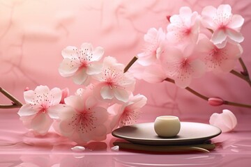 Obraz na płótnie Canvas Beautiful sakura illustration with coasters and a lovely spring perfume on a 3D background. Generative AI
