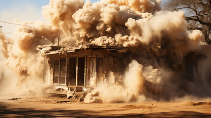 Ruins city after military strike, destroyed building and empty streets. Apocalyptic Landscape Concept