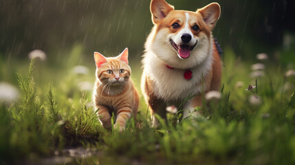 White dog and brown cat
