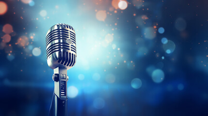 Retro microphone on stage with blurred lights. 3D illustration - obrazy, fototapety, plakaty