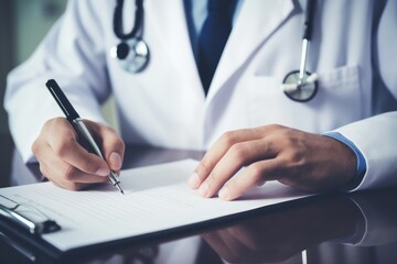 a close up of a person writing on a piece of paper with a pen and a stethoscope.