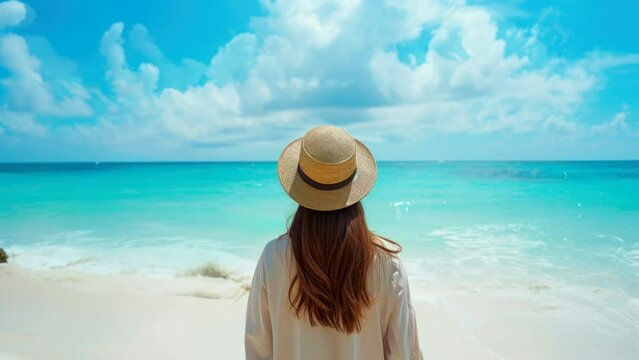 a woman on the beach in summer, blue water sea and white sand video looping background 