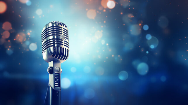 Retro microphone on stage with blurred lights. 3D illustration