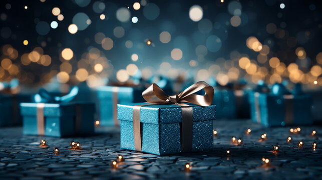 Christmas gift box or present with bow ribbon on magic blue bokeh background. Copy space for greeting text.