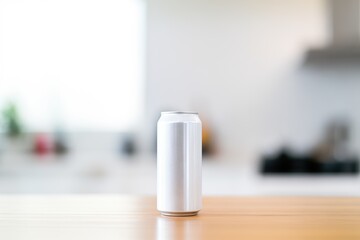 aluminum can at the forefront with blurred white backdrop