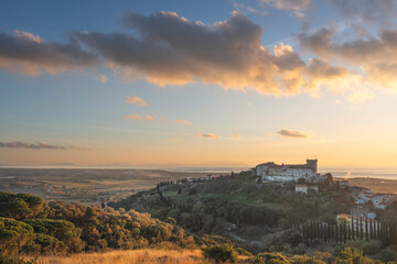 View from above of Rosignano Marittimo and the sea in the background. Tuscany, Italy