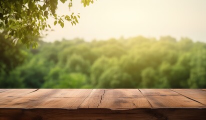 Naklejka na ściany i meble a blurrred wood tabletop on top of a tree and nature background.