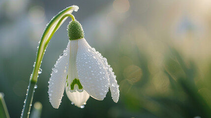 A close-up shot capturing the intricate details of a single snowdrop bloom, its translucent petals adorned with droplets of dew. The macro perspective highlights the purity and gra