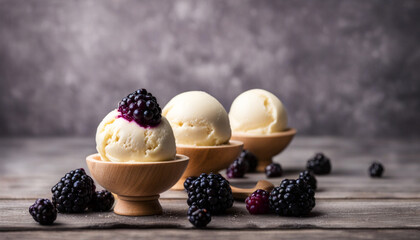 Vanilla ice cream scoops with blackberries on wooden table. Dark background. Copy space - Powered by Adobe